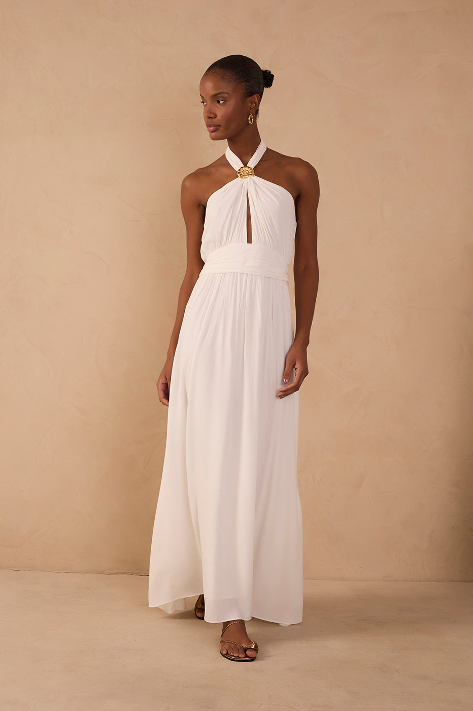 Off-White Ruched Halter Crepe Maxi Dress