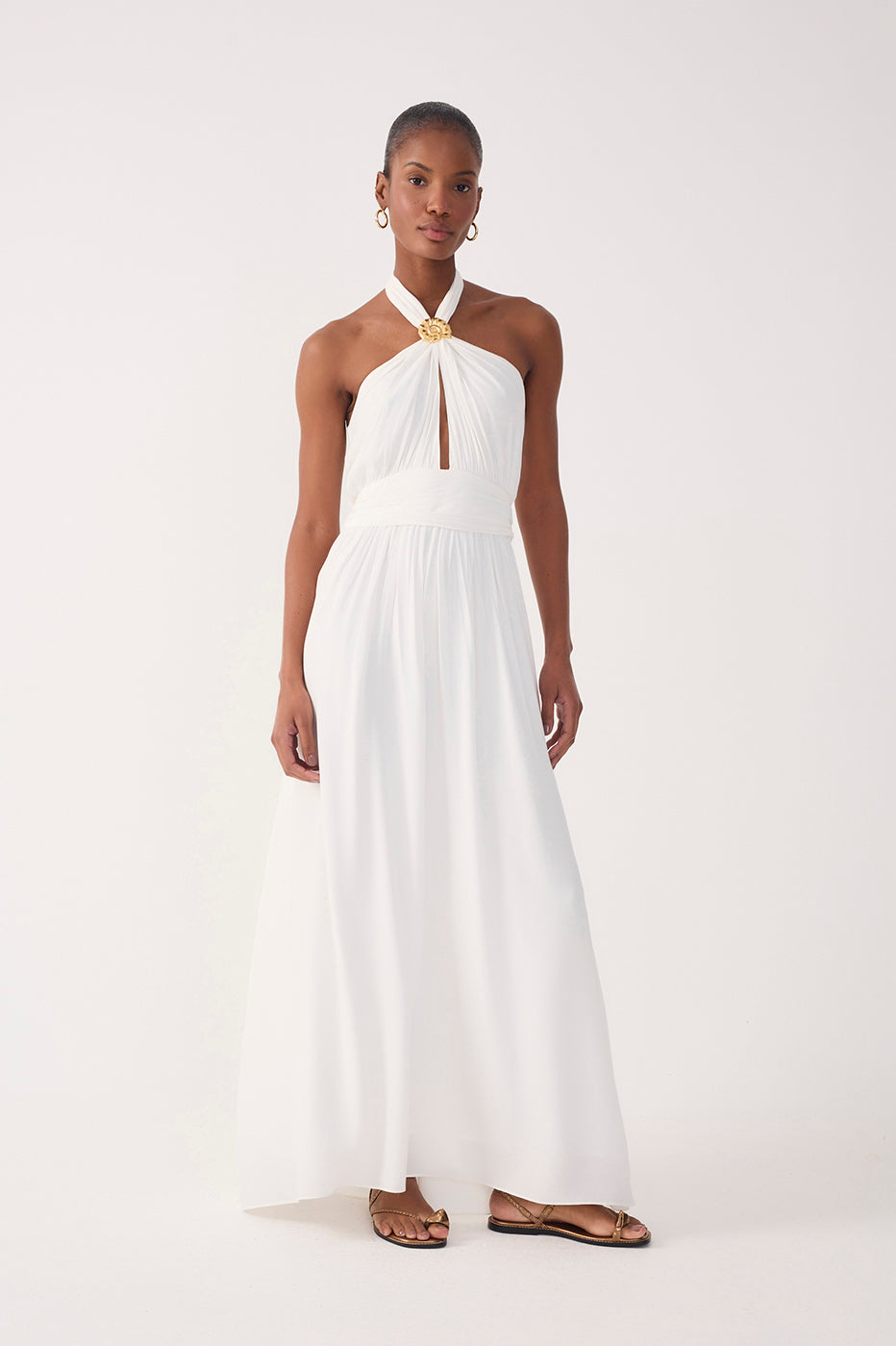 Off-White Ruched Halter Crepe Maxi Dress