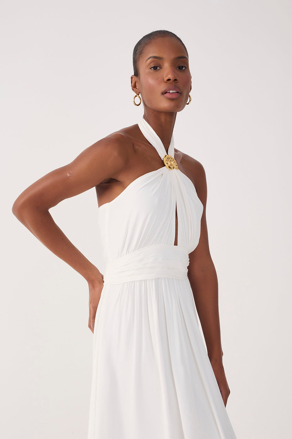 Off-White Ruched Halter Crepe Maxi Dress
