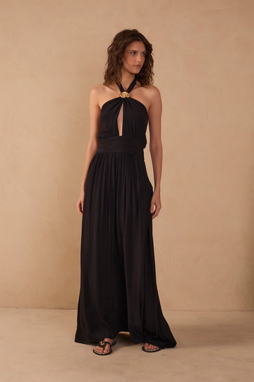 Black Ruched Halter Crepe Maxi Dress