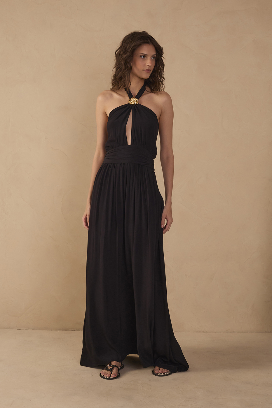Black Ruched Halter Crepe Maxi Dress