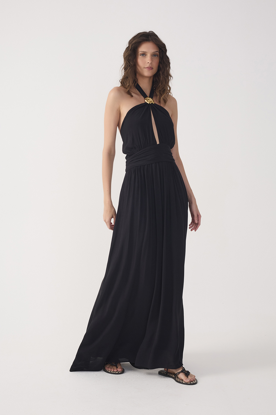 Black Ruched Halter Crepe Maxi Dress
