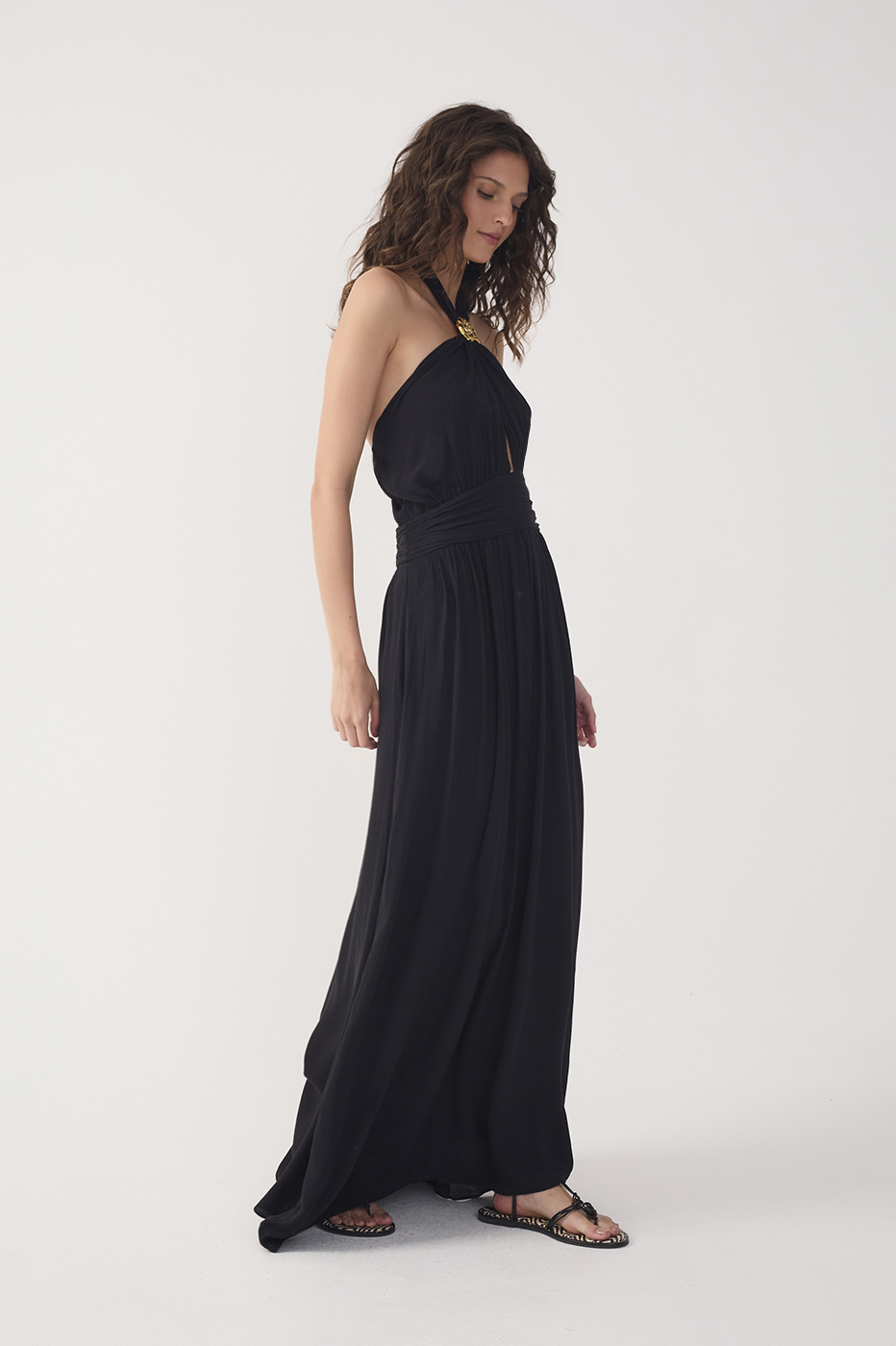 Black Ruched Halter Crepe Maxi Dress