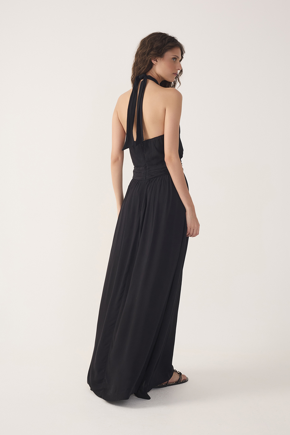 Black Ruched Halter Crepe Maxi Dress