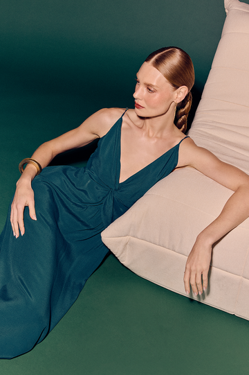 Green V Neck Crepe Maxi Dress