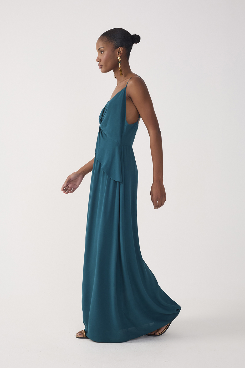 Green V Neck Crepe Maxi Dress