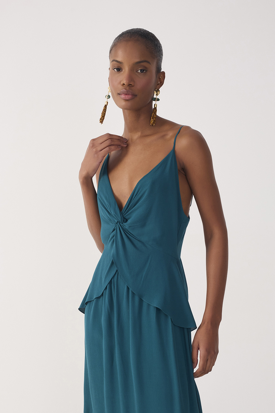 Green V Neck Crepe Maxi Dress