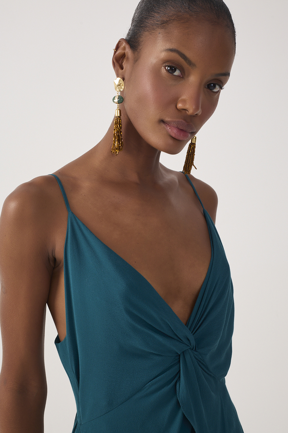Green V Neck Crepe Maxi Dress