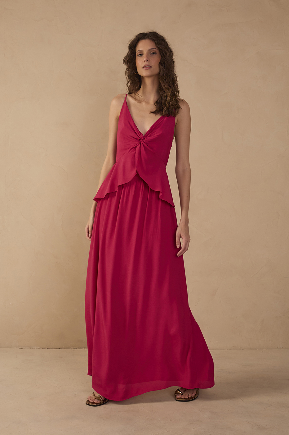 Pink Layered V Neck Maxi Dress