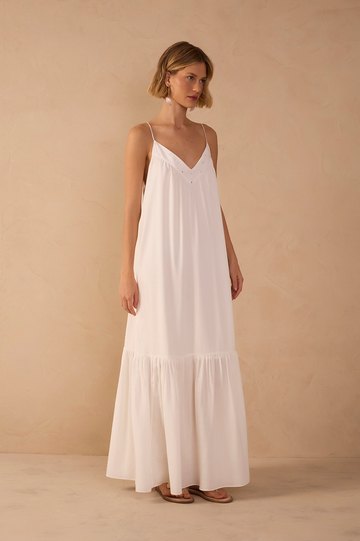 Off-White Embroidered Yoke Maxi Dress