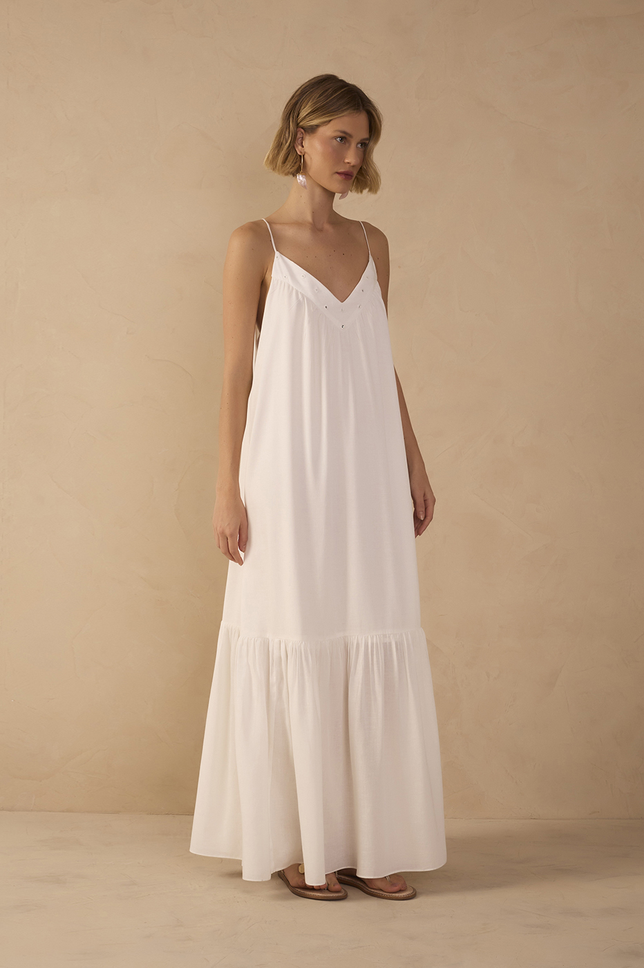 Off-White Embroidered Yoke Maxi Dress