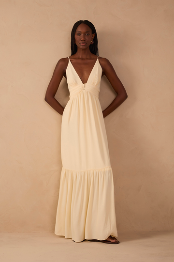 Beige Tiered Sleeveless Crepe Maxi Dress