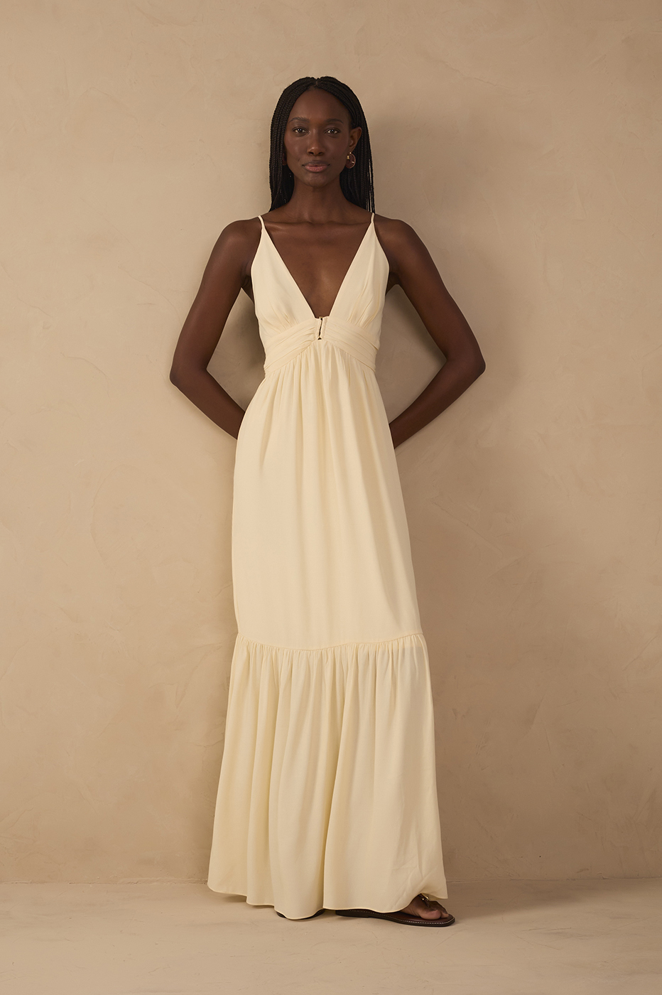 Beige Tiered Sleeveless Crepe Maxi Dress
