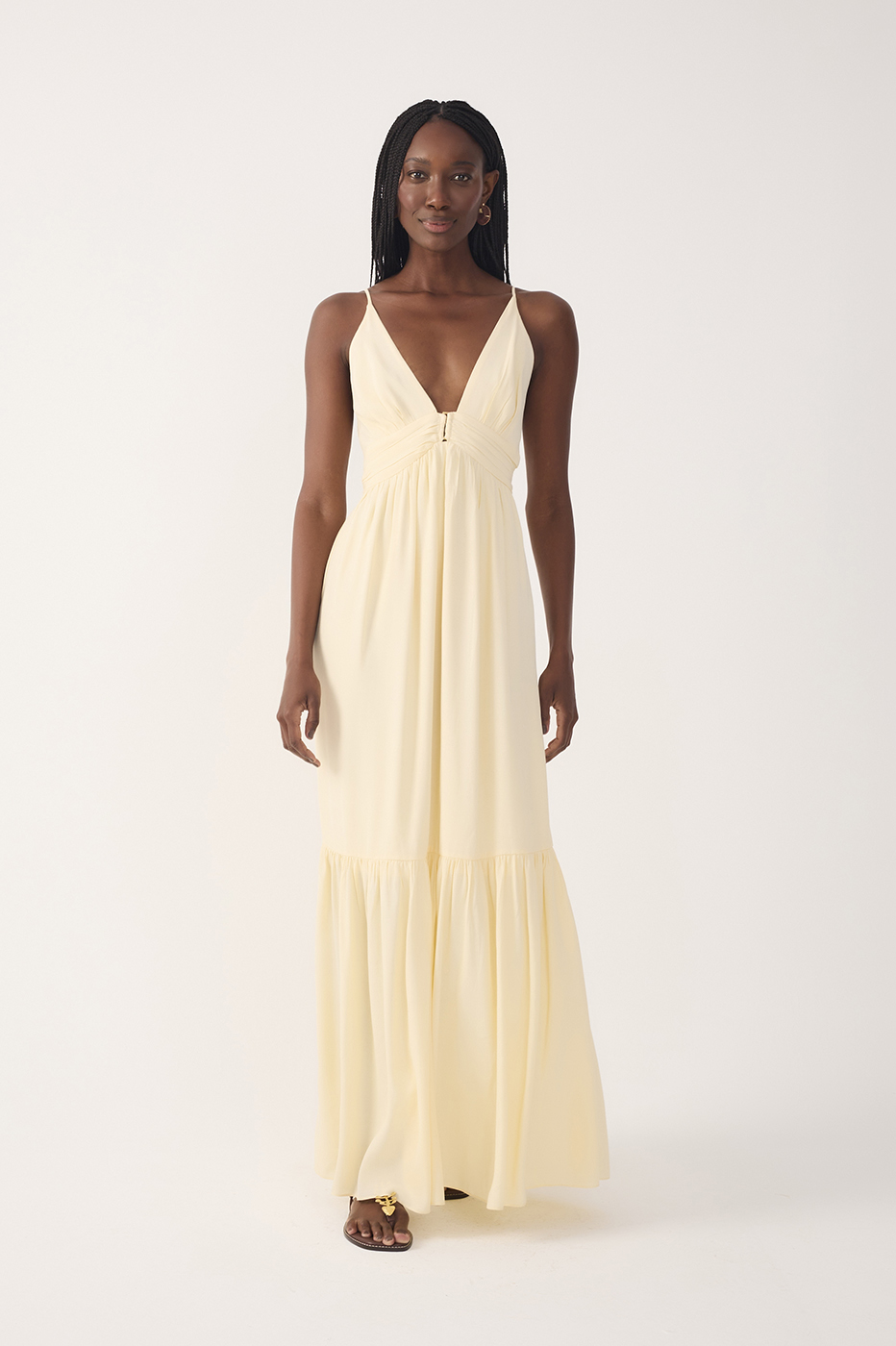 Beige Tiered Sleeveless Crepe Maxi Dress