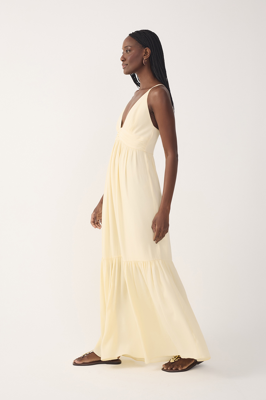 Beige Tiered Sleeveless Crepe Maxi Dress