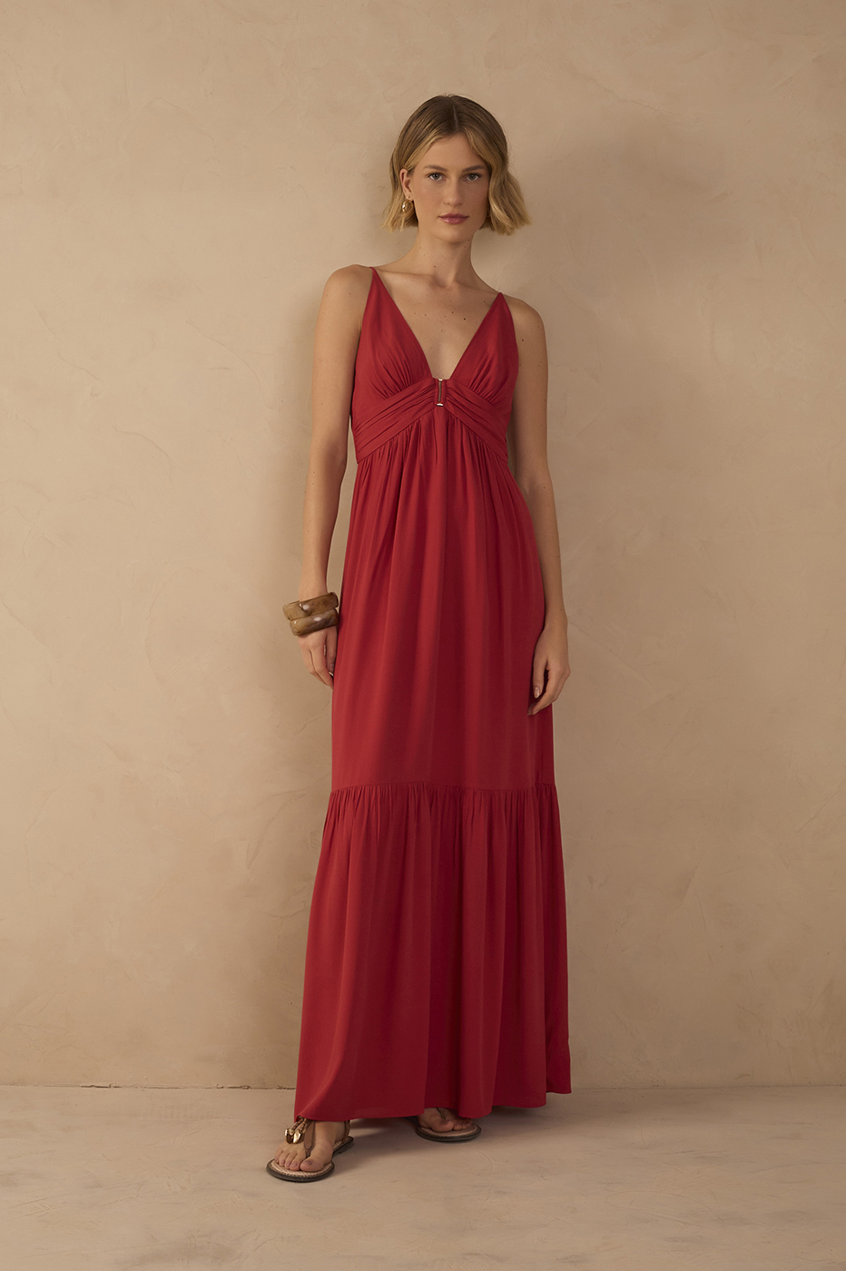 Red Tiered Sleeveless Crepe Maxi Dress