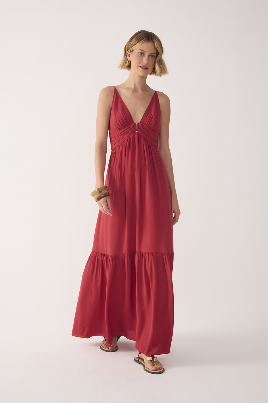 Red Tiered Sleeveless Crepe Maxi Dress
