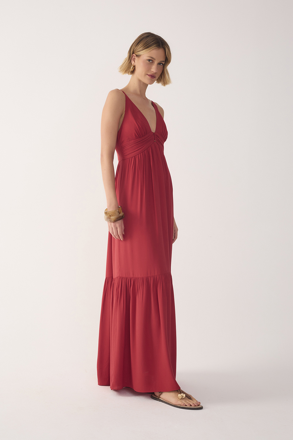 Red Tiered Sleeveless Crepe Maxi Dress