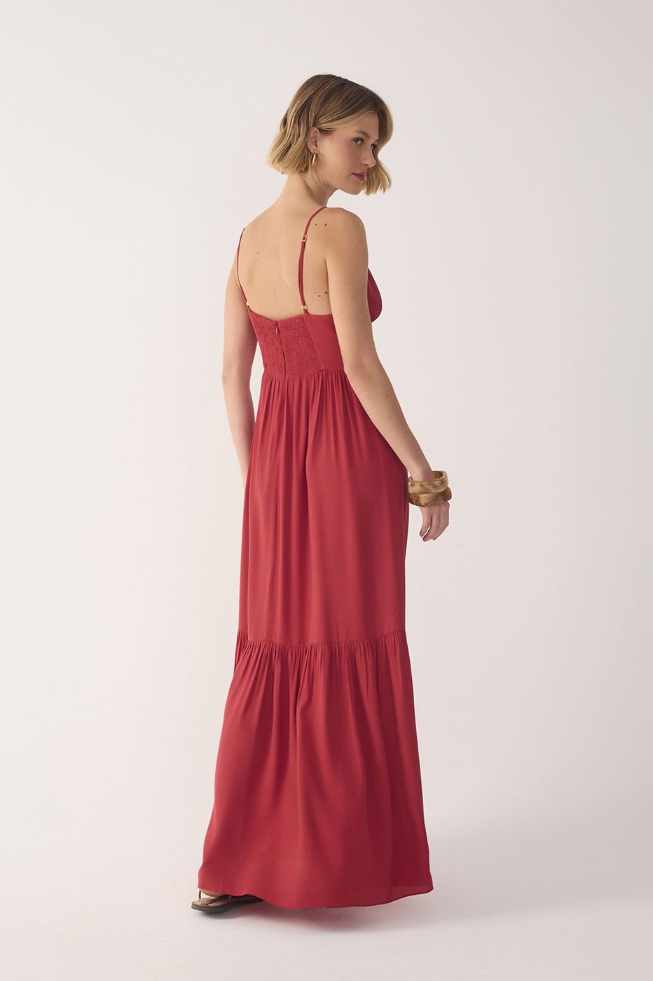 Red Tiered Sleeveless Crepe Maxi Dress