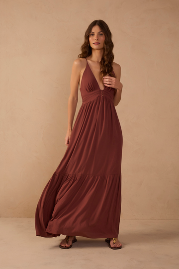 Brown Tiered Sleeveless Crepe Maxi Dress