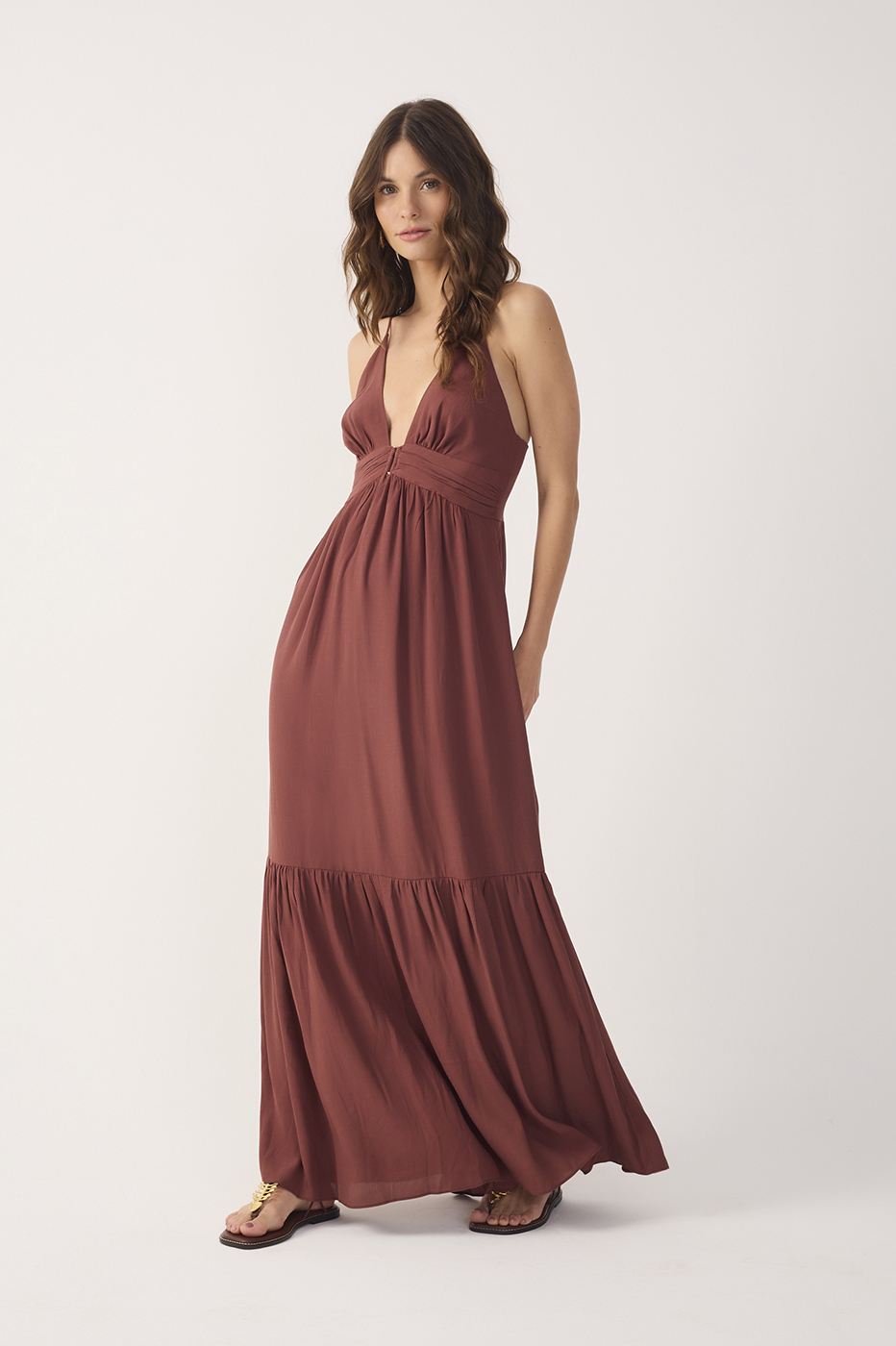 Brown Tiered Sleeveless Crepe Maxi Dress