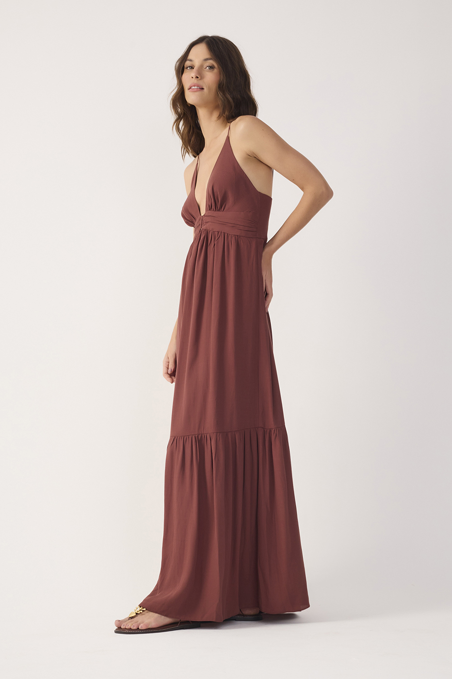 Brown Tiered Sleeveless Crepe Maxi Dress