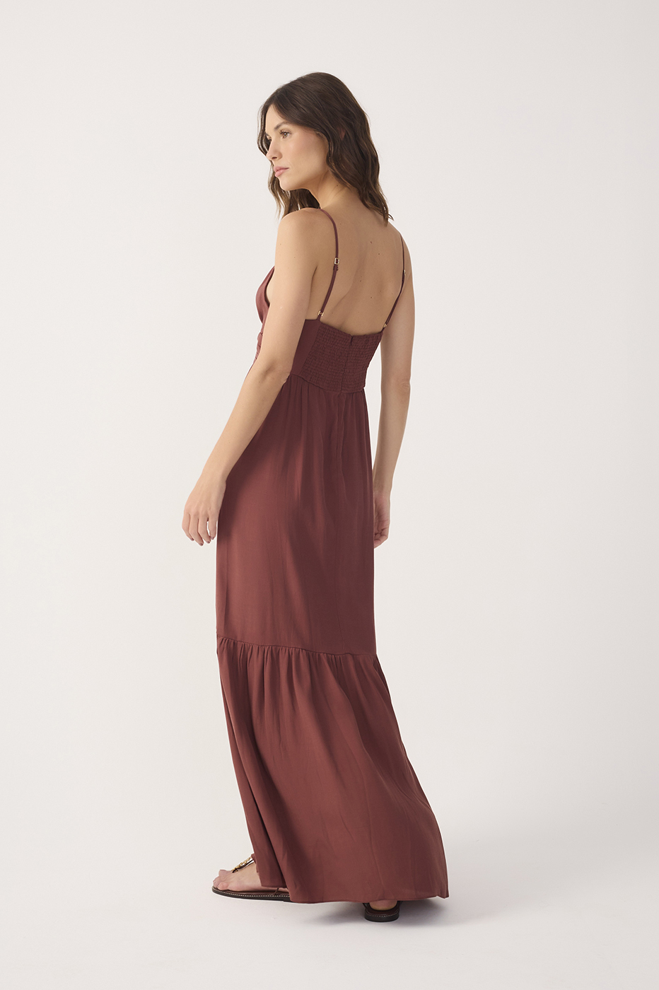 Brown Tiered Sleeveless Crepe Maxi Dress