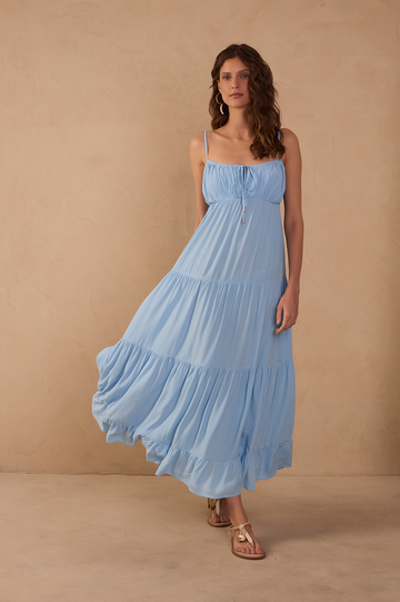 Blue Tiered Crepe Ruched Bust Midi Dress