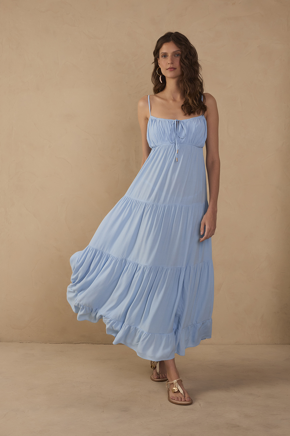 Blue Tiered Crepe Ruched Bust Midi Dress