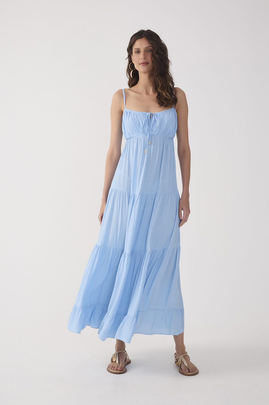Blue Tiered Crepe Ruched Bust Midi Dress