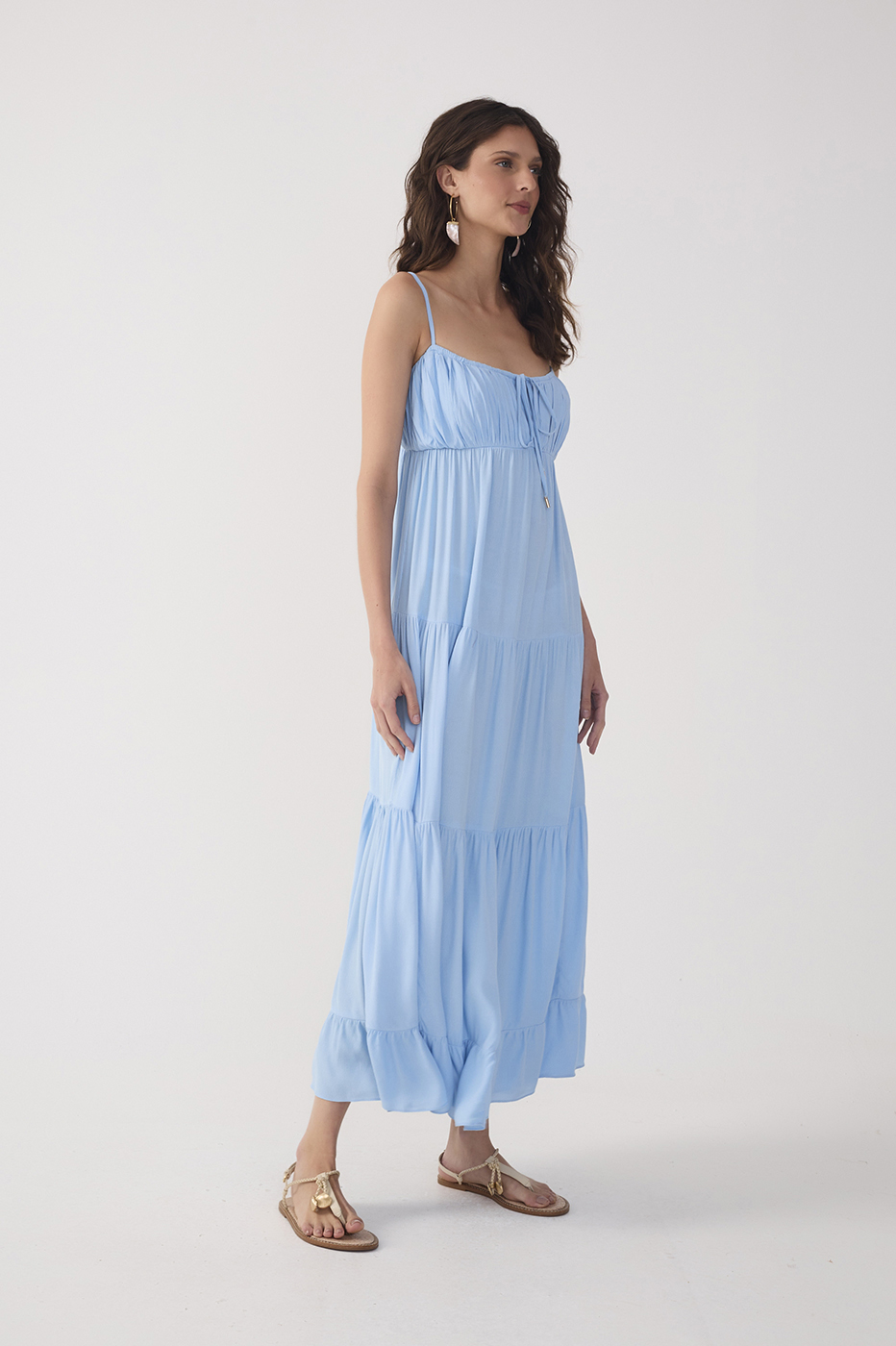 Blue Tiered Crepe Ruched Bust Midi Dress