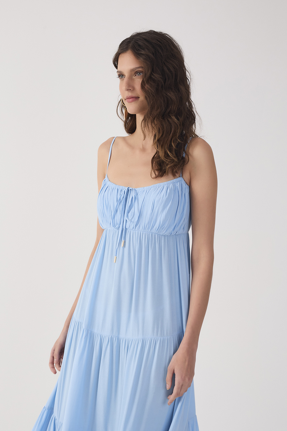 Blue Tiered Crepe Ruched Bust Midi Dress