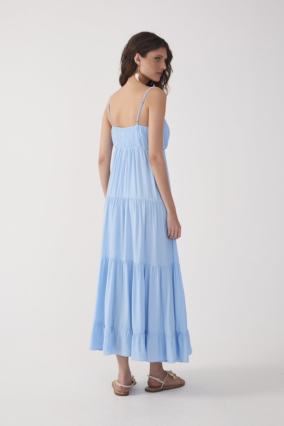 Blue Tiered Crepe Ruched Bust Midi Dress
