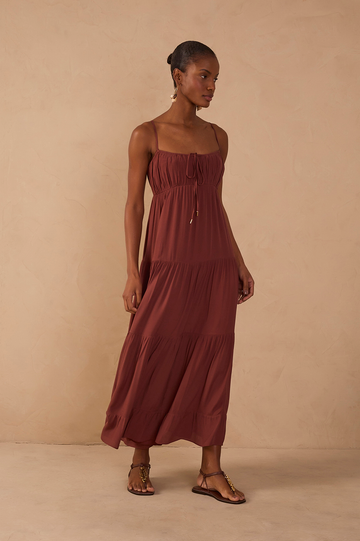 Brown Tiered Ruched Bust Midi Dress