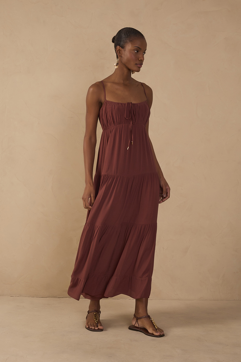 Brown Tiered Ruched Bust Midi Dress