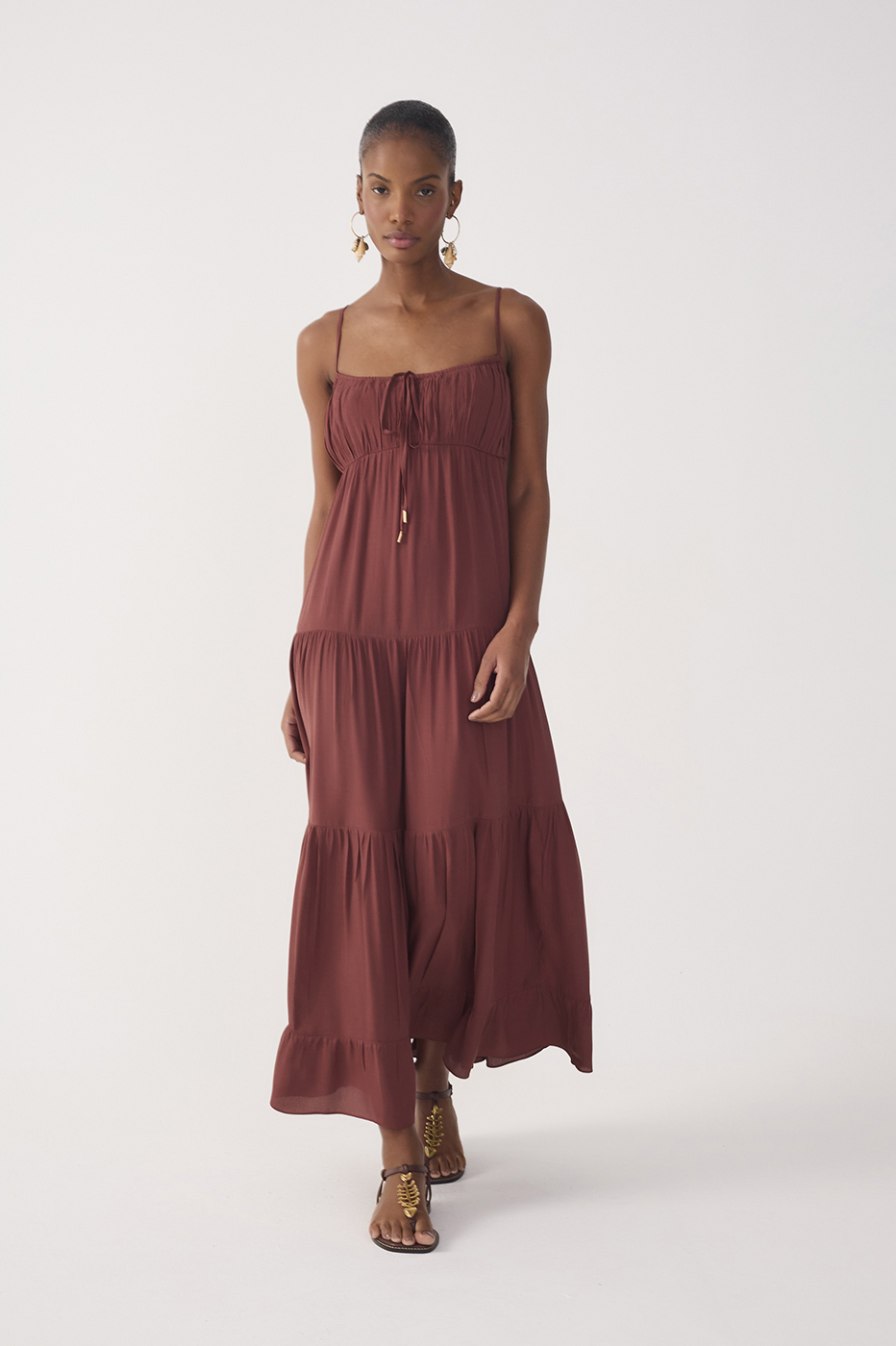 Brown Tiered Ruched Bust Midi Dress