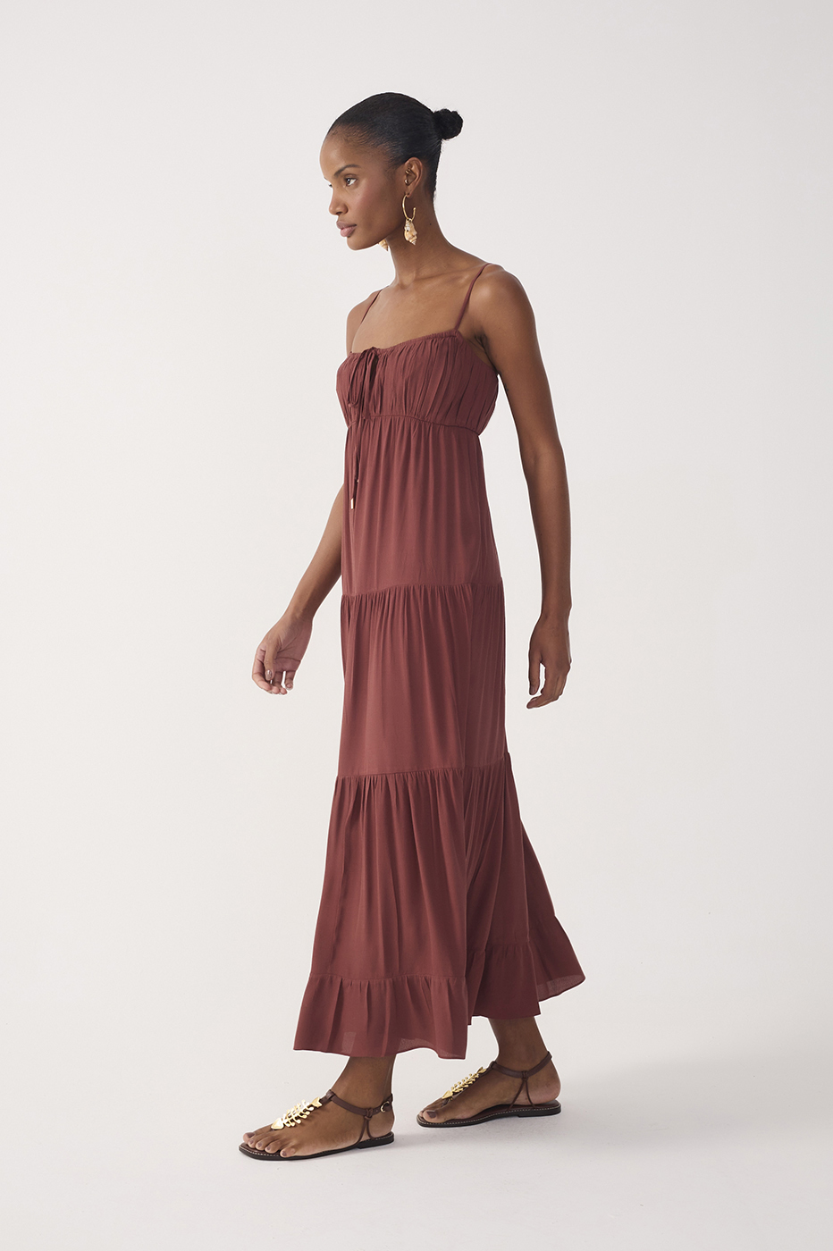 Brown Tiered Ruched Bust Midi Dress