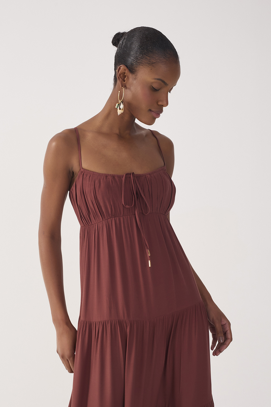 Brown Tiered Ruched Bust Midi Dress