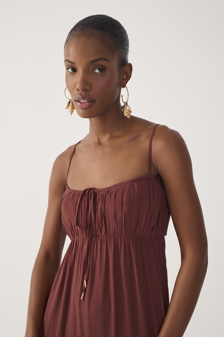 Brown Tiered Ruched Bust Midi Dress