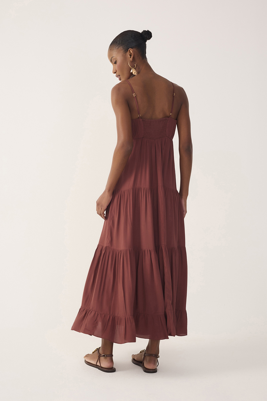 Brown Tiered Ruched Bust Midi Dress