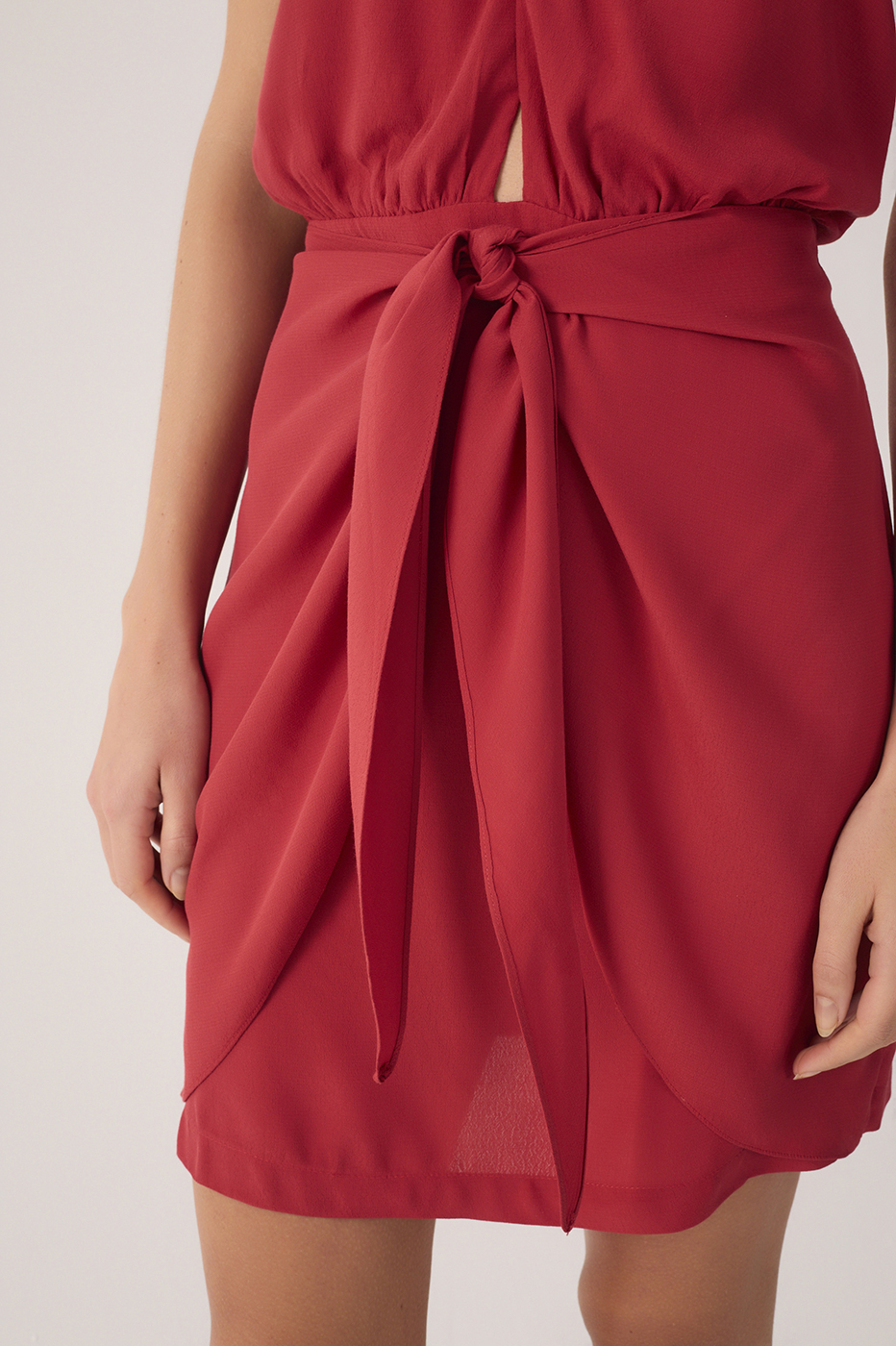 Red Draped Halter Crepe Mini Dress