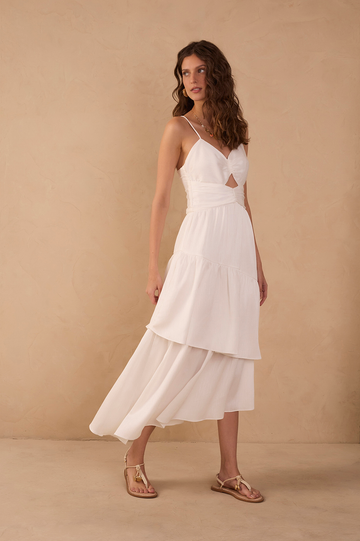 Off-White Ruched Tiered Midi Dress