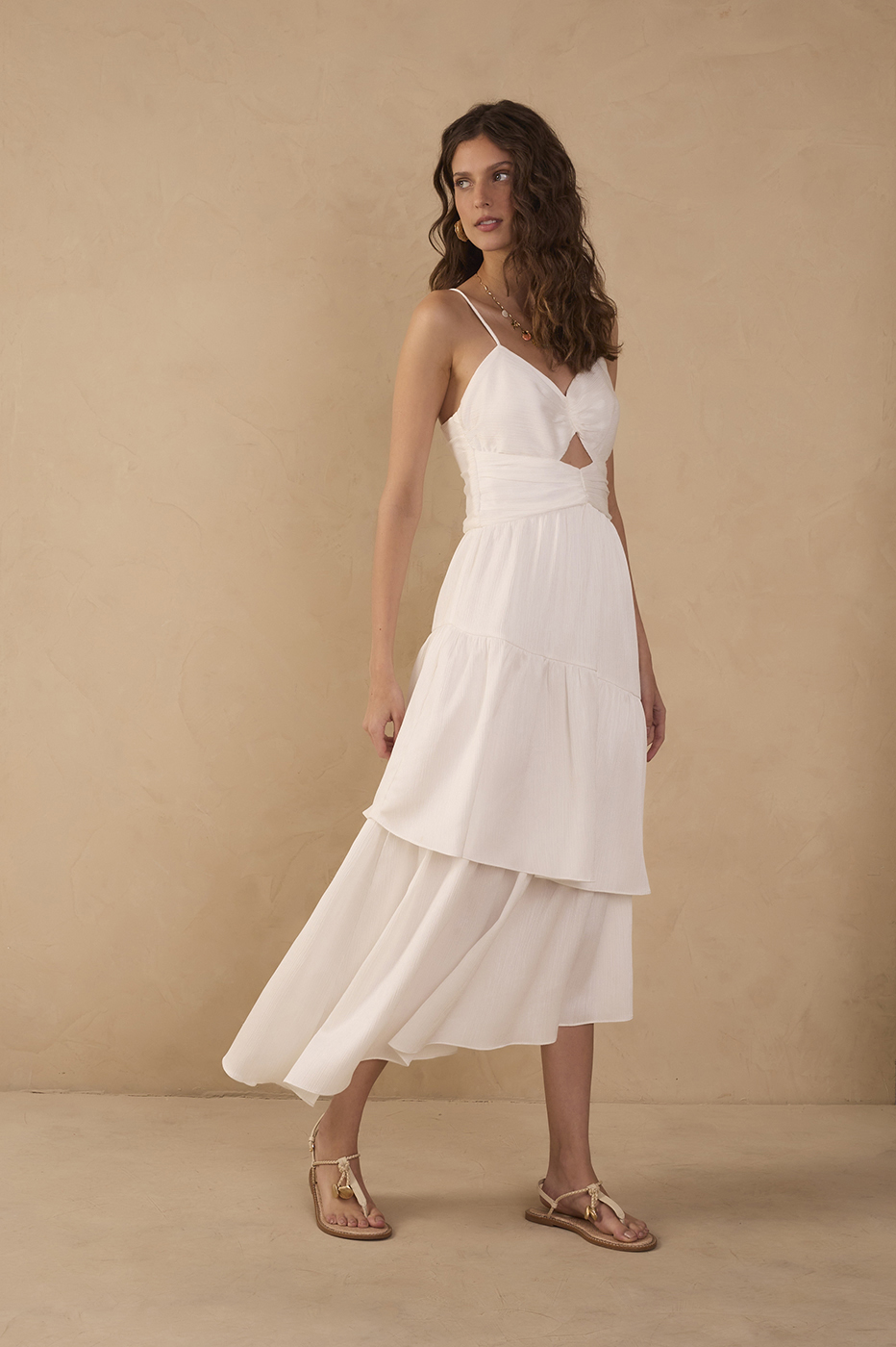 Off-White Ruched Tiered Midi Dress