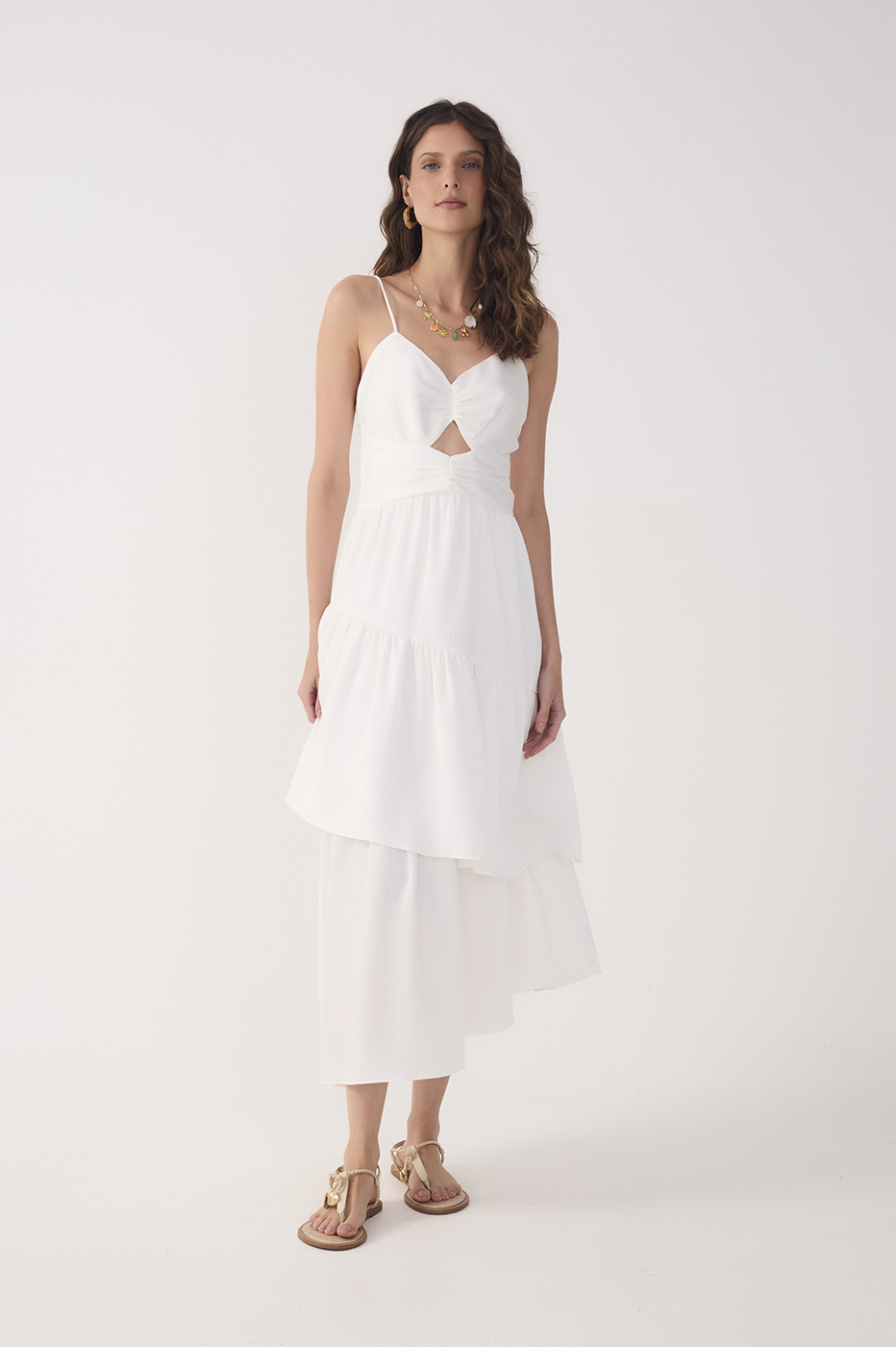 Off-White Ruched Tiered Midi Dress