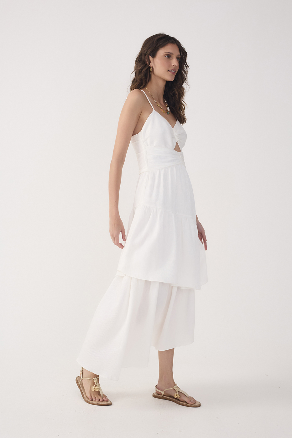 Off-White Ruched Tiered Midi Dress