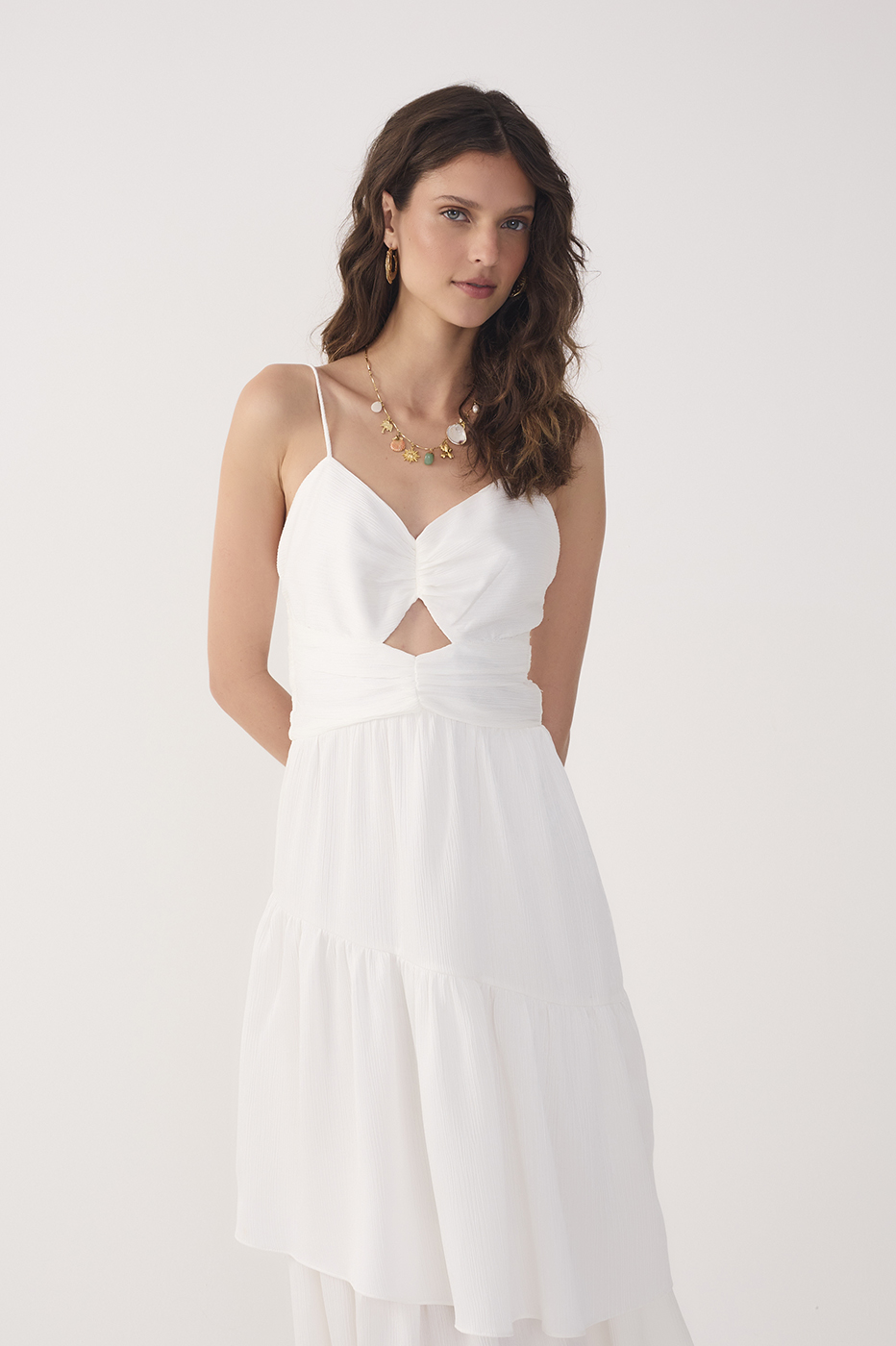 Off-White Ruched Tiered Midi Dress