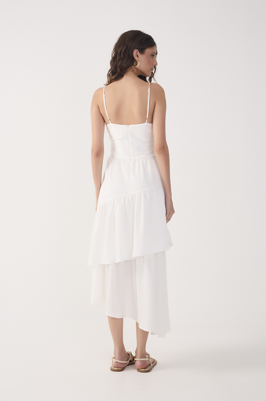 Off-White Ruched Tiered Midi Dress