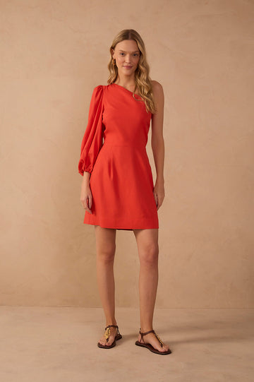 Red One Shoulder Pleats Mini Dress