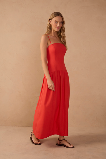 Red Smocked Spaghetti Straps Midi Dress