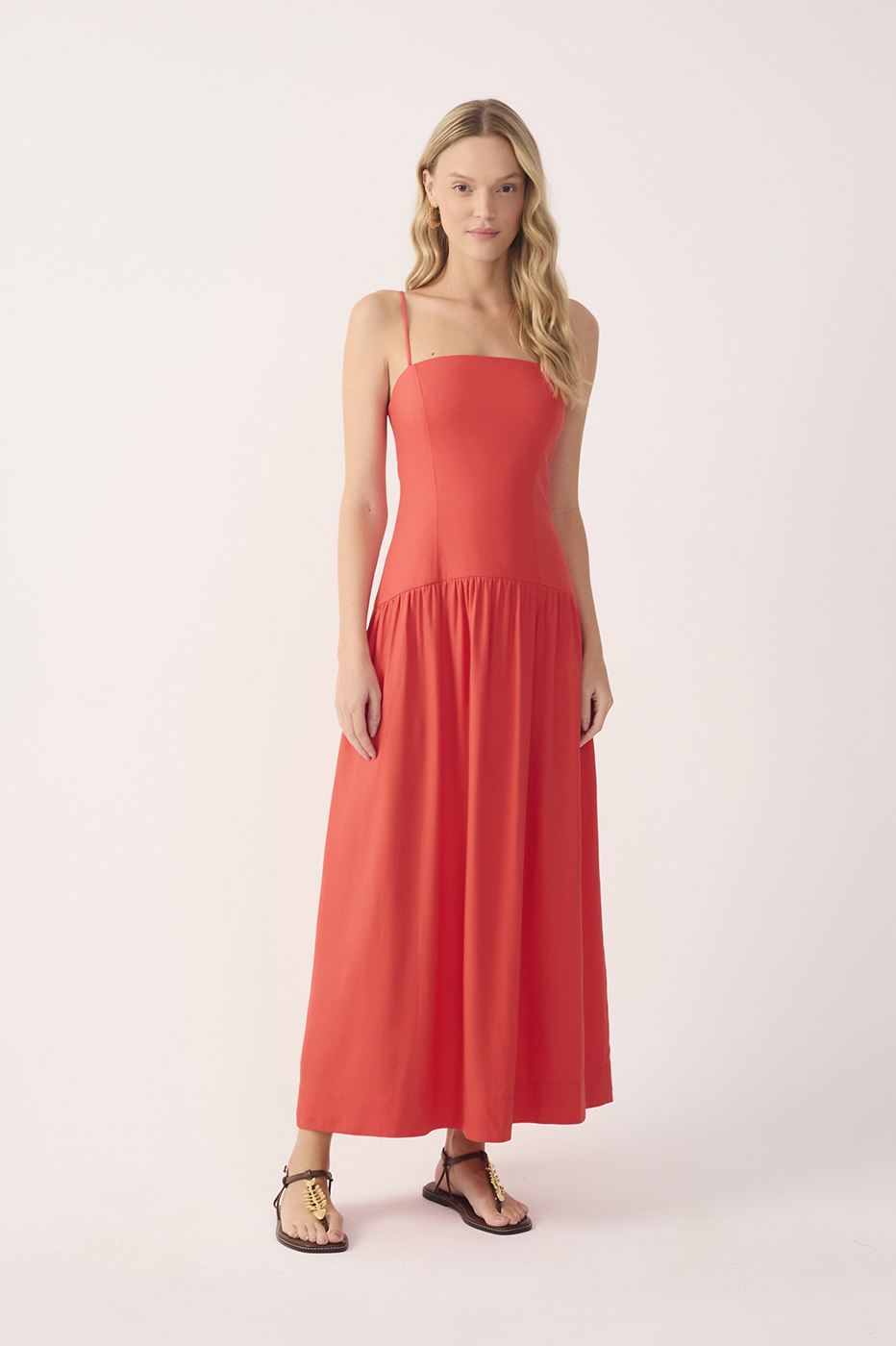 Red Smocked Spaghetti Straps Midi Dress